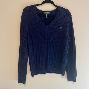 Lauren Ralph Lauren Navy Blue Cable Knit V-Neck Cotton Sweater Size XL